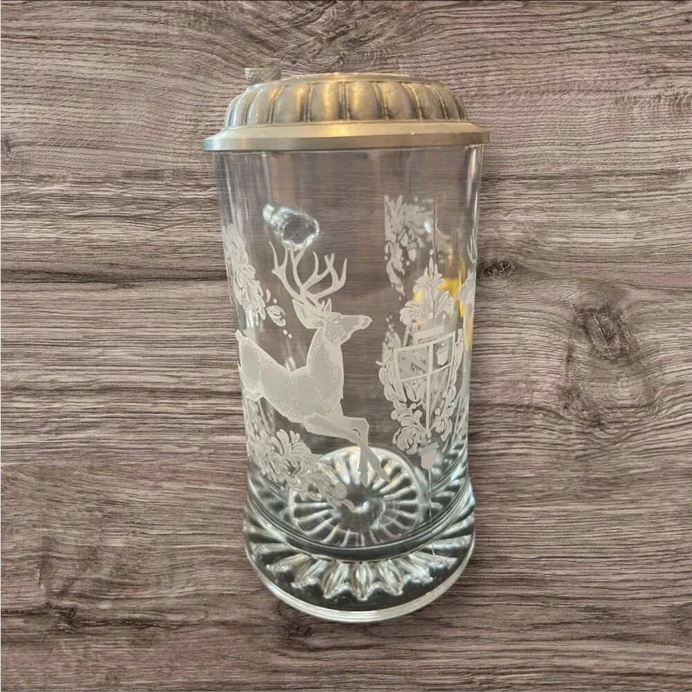 Vintage German Crystal Glass Beer Stein w/ Pewter Lid Set of 2